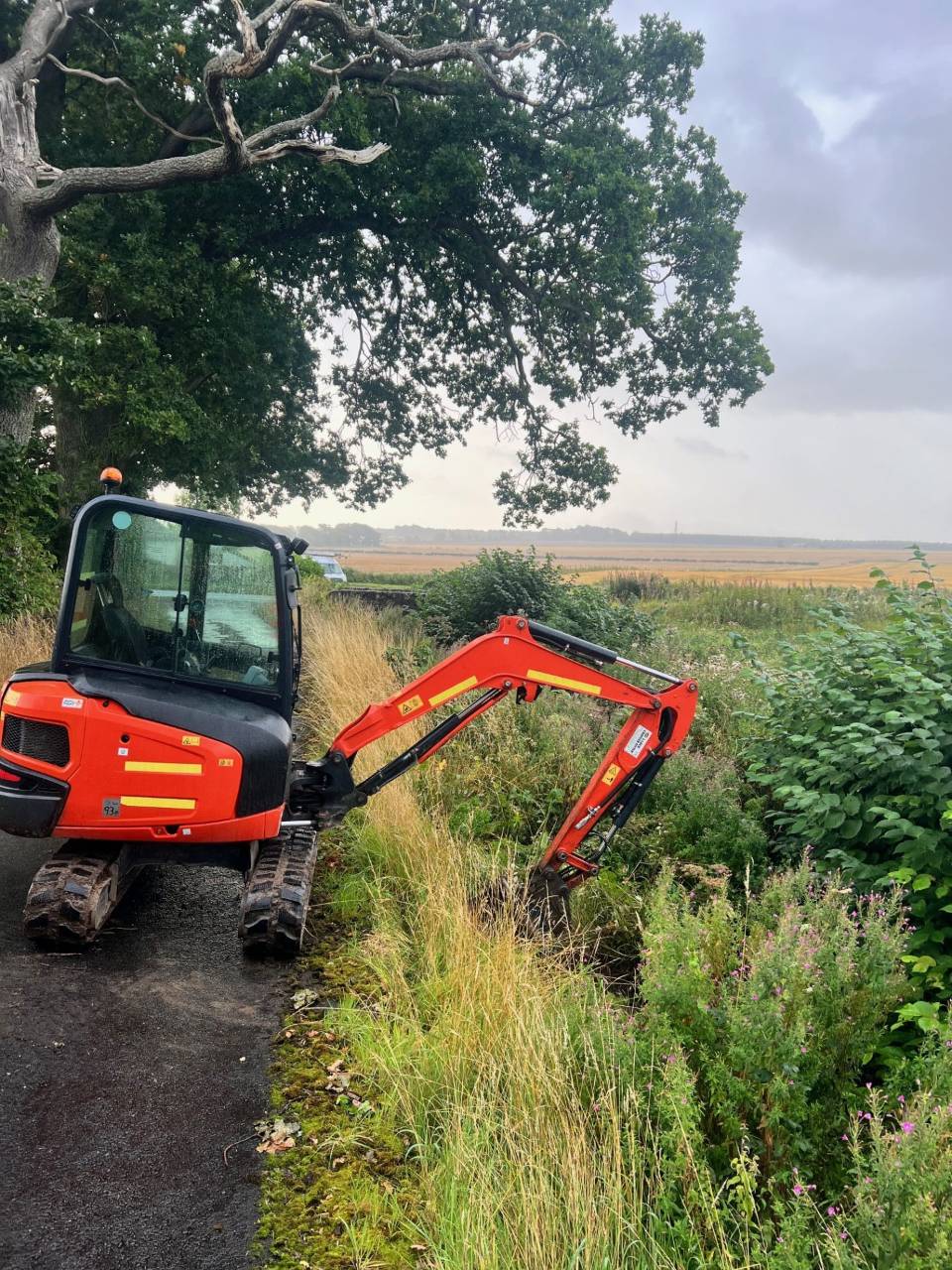 Mini-excavator digging alongside a country road.